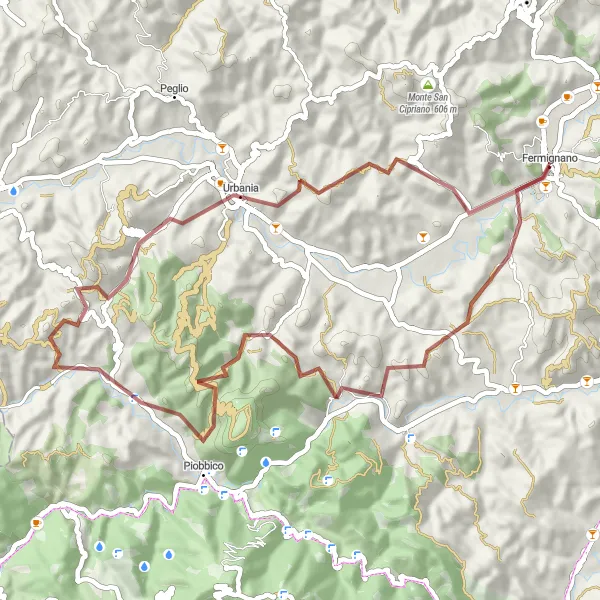 Miniatuurkaart van de fietsinspiratie "Avontuurlijke rit naar Monte Romualdo" in Marche, Italy. Gemaakt door de Tarmacs.app fietsrouteplanner
