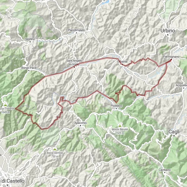 Miniatura mapy "Trasa Gravel na 105 km wokół Fermignano" - trasy rowerowej w Marche, Italy. Wygenerowane przez planer tras rowerowych Tarmacs.app