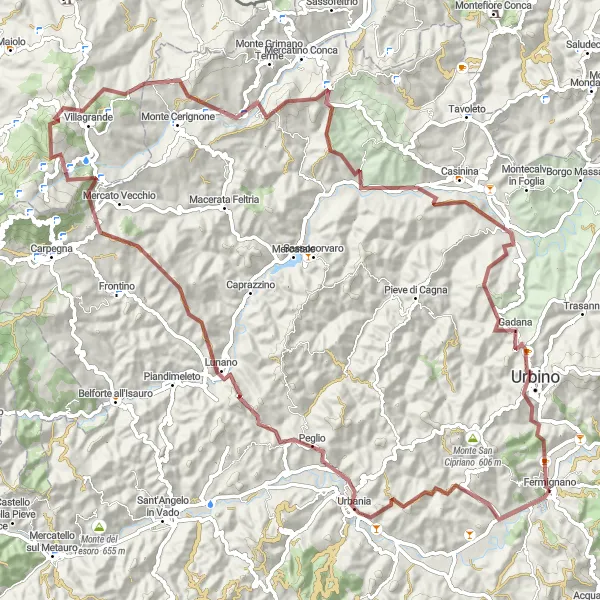 Map miniature of "Gravel Adventure through Rural Marche" cycling inspiration in Marche, Italy. Generated by Tarmacs.app cycling route planner