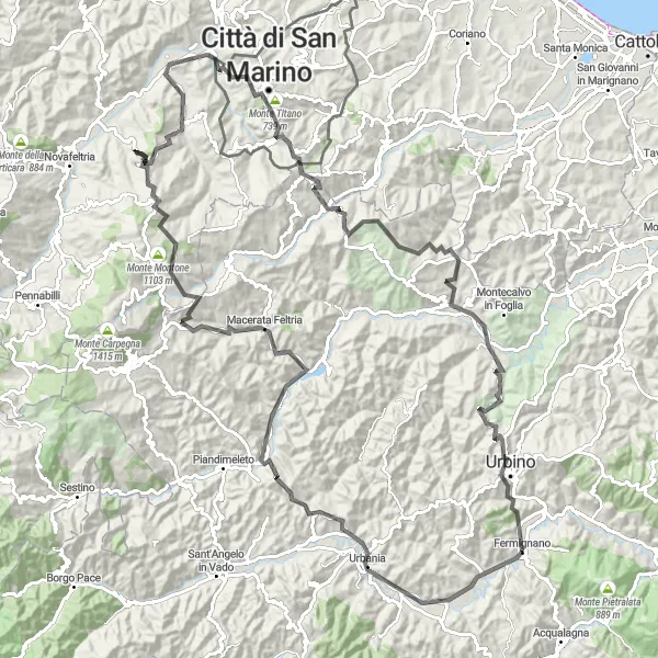 Karten-Miniaturansicht der Radinspiration "Hügelige Road-Tour durch die Landschaft um Fermignano" in Marche, Italy. Erstellt vom Tarmacs.app-Routenplaner für Radtouren