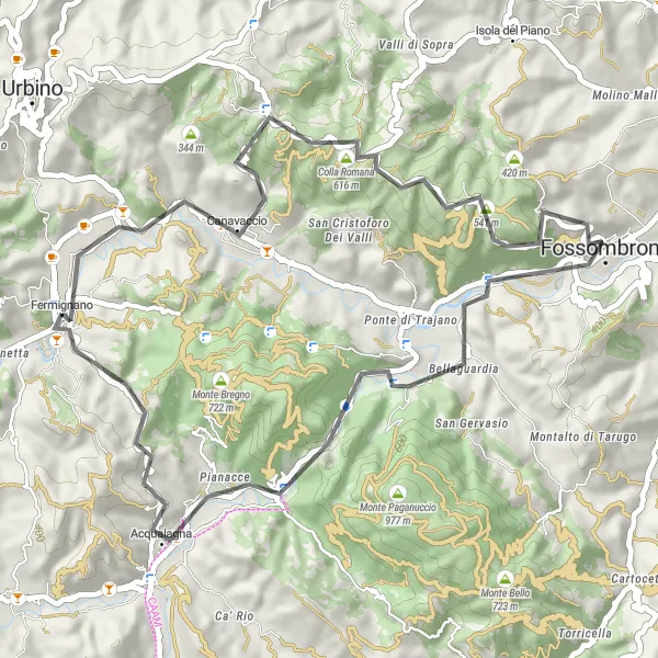 Map miniature of "Fermignano Circular Route" cycling inspiration in Marche, Italy. Generated by Tarmacs.app cycling route planner