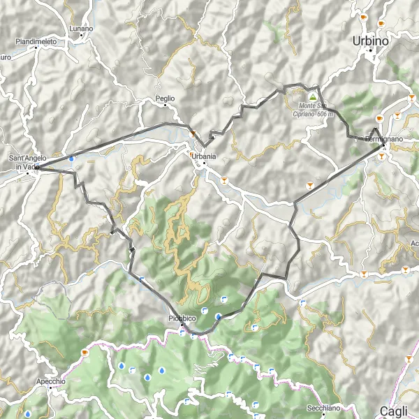 Miniatura della mappa di ispirazione al ciclismo "Circuito dei Monti di Piobbico" nella regione di Marche, Italy. Generata da Tarmacs.app, pianificatore di rotte ciclistiche