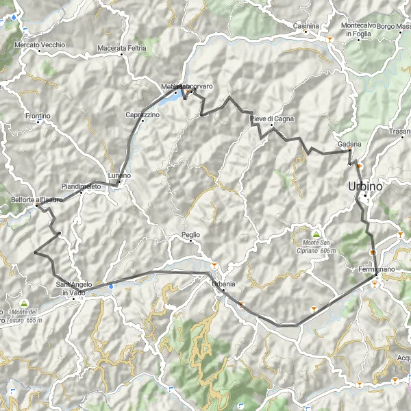 Miniatura della mappa di ispirazione al ciclismo "Urbania e Urbino Road Cycling" nella regione di Marche, Italy. Generata da Tarmacs.app, pianificatore di rotte ciclistiche