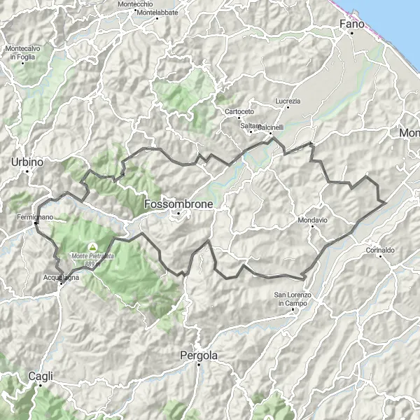Miniatuurkaart van de fietsinspiratie "Bergen en valleien van Fermignano naar Montemaggiore al Metauro" in Marche, Italy. Gemaakt door de Tarmacs.app fietsrouteplanner