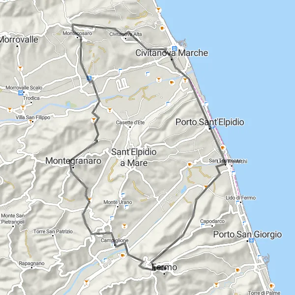 Karten-Miniaturansicht der Radinspiration "Küstenstraßenradfahren von Campiglione nach Porto Sant'Elpidio" in Marche, Italy. Erstellt vom Tarmacs.app-Routenplaner für Radtouren