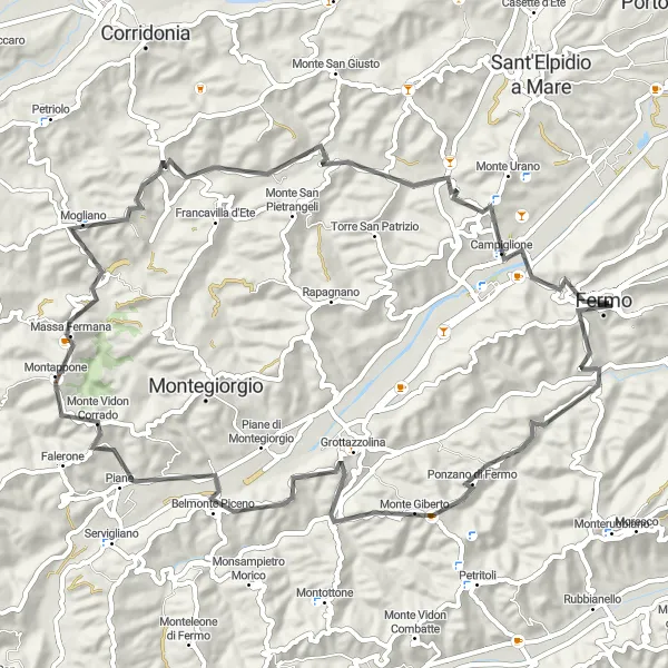 Map miniature of "Fermo-Ponzano di Fermo-Monte Vidon Corrado-Mogliano-Campiglione" cycling inspiration in Marche, Italy. Generated by Tarmacs.app cycling route planner