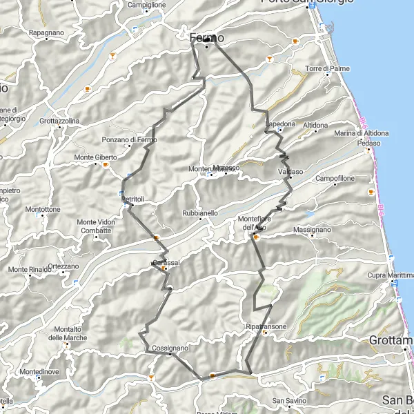 Miniature de la carte de l'inspiration cycliste "Escapade montagneuse de Fermo à Lapedona" dans la Marche, Italy. Générée par le planificateur d'itinéraire cycliste Tarmacs.app