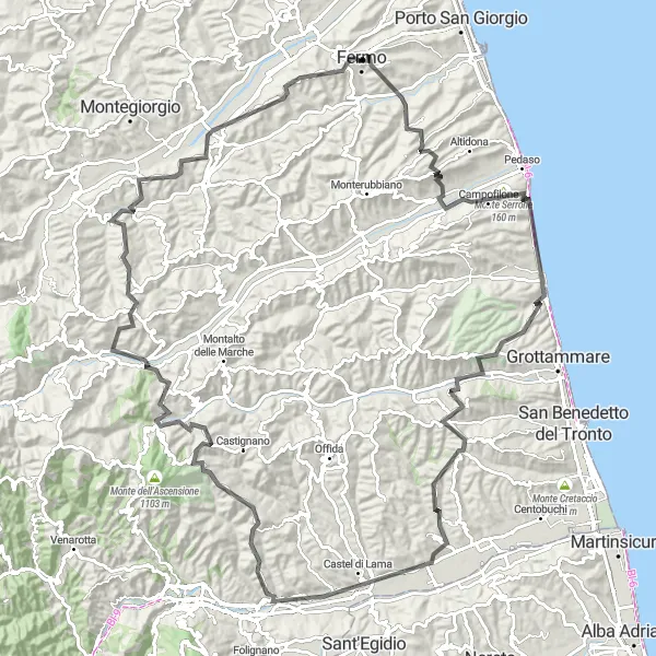 Miniature de la carte de l'inspiration cycliste "La Route des Collines de Fermo" dans la Marche, Italy. Générée par le planificateur d'itinéraire cycliste Tarmacs.app