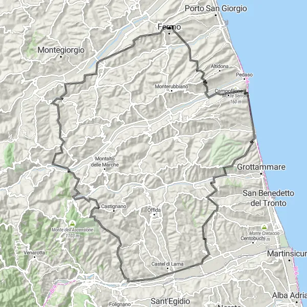 Map miniature of "Fermo-Campofilone-Monte Serrone-Cupra Marittima-Spinetoli-Ripaberarda-Rotella-Monteleone di Fermo-Torre Matteucci" cycling inspiration in Marche, Italy. Generated by Tarmacs.app cycling route planner