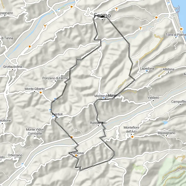 Miniature de la carte de l'inspiration cycliste "L'escapade à vélo de Fermo à Petritoli" dans la Marche, Italy. Générée par le planificateur d'itinéraire cycliste Tarmacs.app