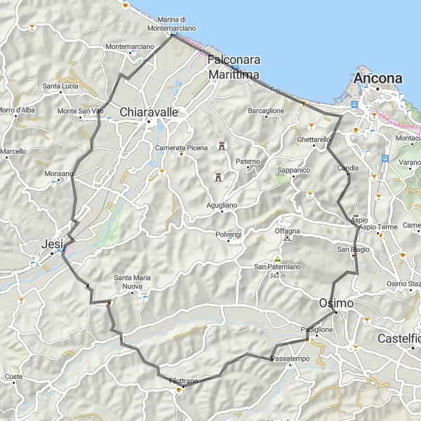 Map miniature of "The Strade Bianche Loop" cycling inspiration in Marche, Italy. Generated by Tarmacs.app cycling route planner