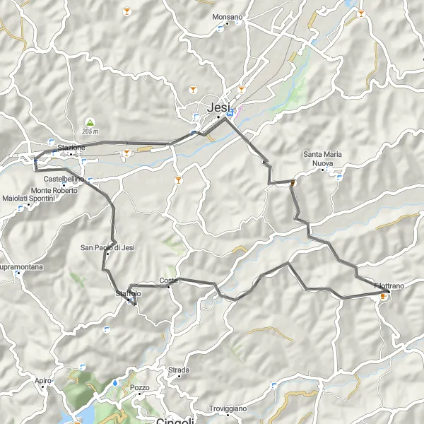 Map miniature of "Staffolo and Jesi Road Route" cycling inspiration in Marche, Italy. Generated by Tarmacs.app cycling route planner