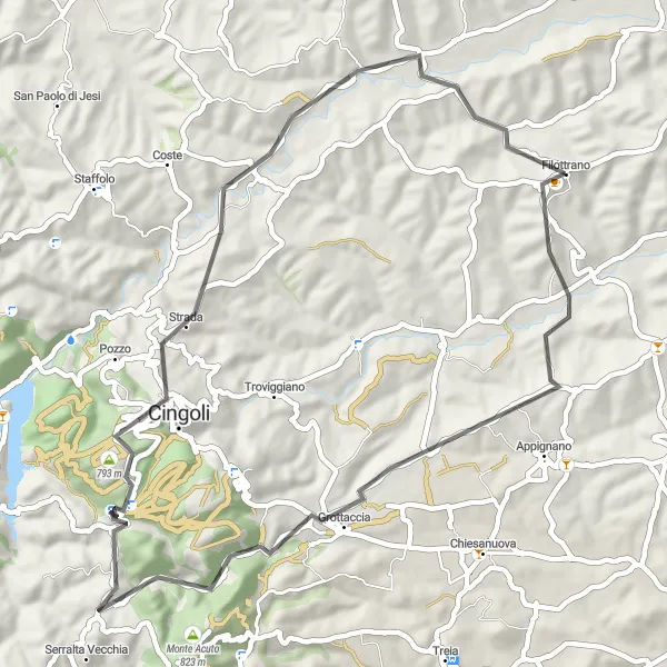 Miniatura della mappa di ispirazione al ciclismo "Filottrano - A Pesaro attraverso le Marche" nella regione di Marche, Italy. Generata da Tarmacs.app, pianificatore di rotte ciclistiche