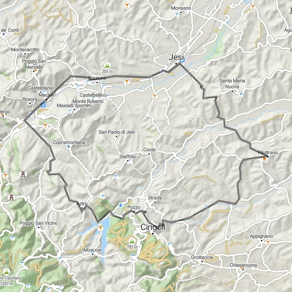 Miniatura della mappa di ispirazione al ciclismo "Giro panoramico da Filottrano a Jesi" nella regione di Marche, Italy. Generata da Tarmacs.app, pianificatore di rotte ciclistiche