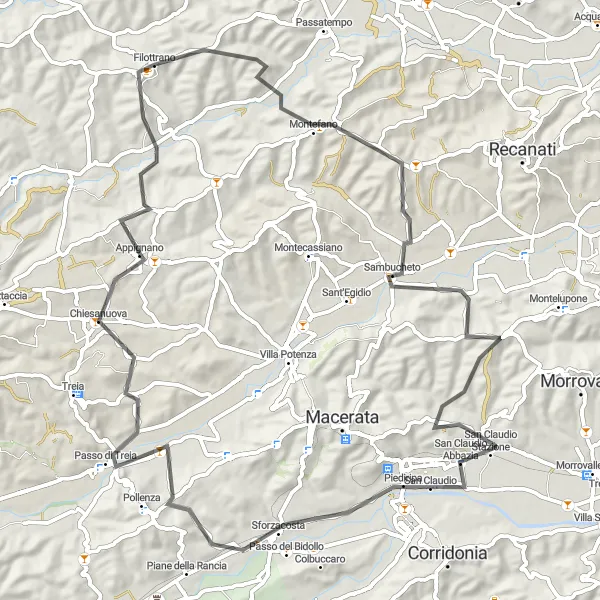 Map miniature of "Montefano and Appignano Circuit" cycling inspiration in Marche, Italy. Generated by Tarmacs.app cycling route planner