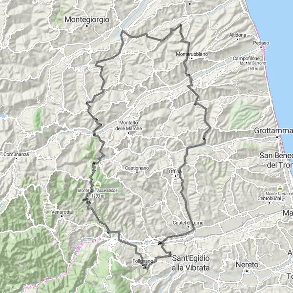 Map miniature of "Folignano Adventure" cycling inspiration in Marche, Italy. Generated by Tarmacs.app cycling route planner