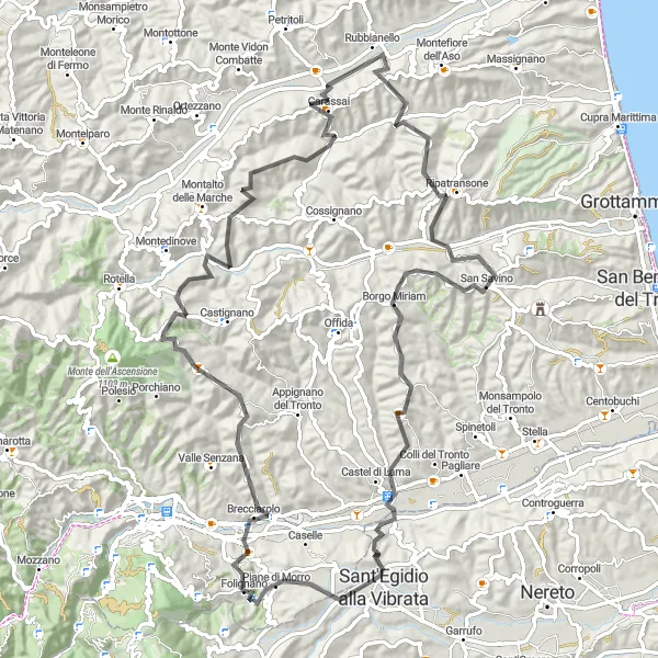 Miniatura della mappa di ispirazione al ciclismo "Il Giro delle colline marchigiane" nella regione di Marche, Italy. Generata da Tarmacs.app, pianificatore di rotte ciclistiche