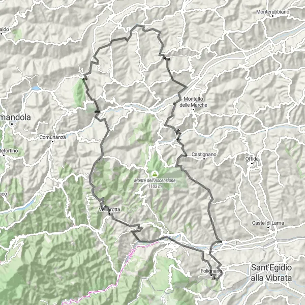 Miniatura della mappa di ispirazione al ciclismo "Esplorazione in bici da Folignano a Ripaberarda" nella regione di Marche, Italy. Generata da Tarmacs.app, pianificatore di rotte ciclistiche