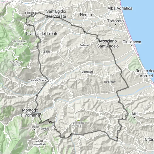 Miniatura della mappa di ispirazione al ciclismo "Giro in bici da Folignano a Teramo" nella regione di Marche, Italy. Generata da Tarmacs.app, pianificatore di rotte ciclistiche