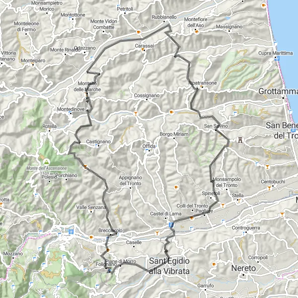 Miniatura della mappa di ispirazione al ciclismo "Tour in bicicletta da Folignano a Rocca di Morro" nella regione di Marche, Italy. Generata da Tarmacs.app, pianificatore di rotte ciclistiche