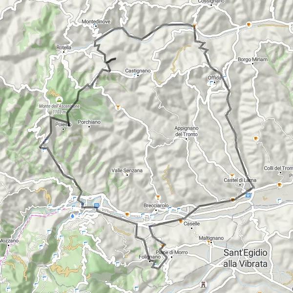 Miniatura della mappa di ispirazione al ciclismo "Giro in bicicletta da Folignano a Ascoli Piceno" nella regione di Marche, Italy. Generata da Tarmacs.app, pianificatore di rotte ciclistiche