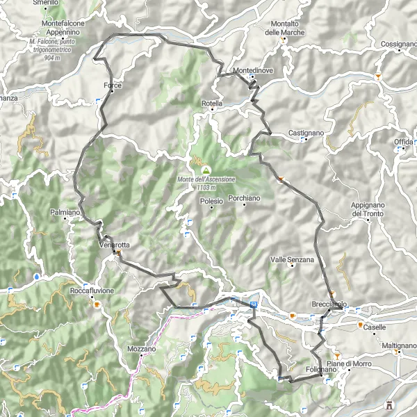 Map miniature of "Panoramic Views and Ancient Towns" cycling inspiration in Marche, Italy. Generated by Tarmacs.app cycling route planner