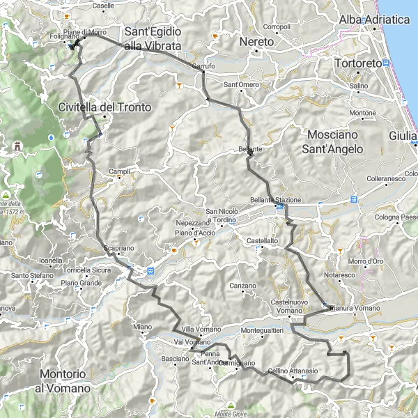 Map miniature of "The Morro Fortress Challenge" cycling inspiration in Marche, Italy. Generated by Tarmacs.app cycling route planner