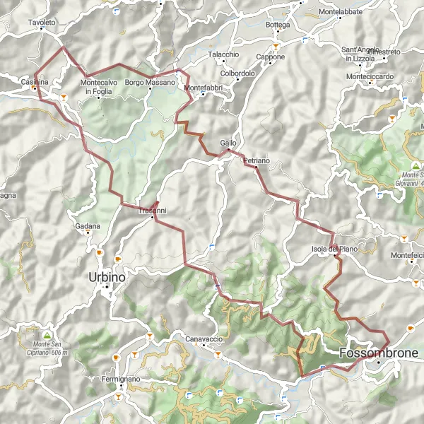 Map miniature of "Gravel Route to Monte Scopo and Montefabbri" cycling inspiration in Marche, Italy. Generated by Tarmacs.app cycling route planner