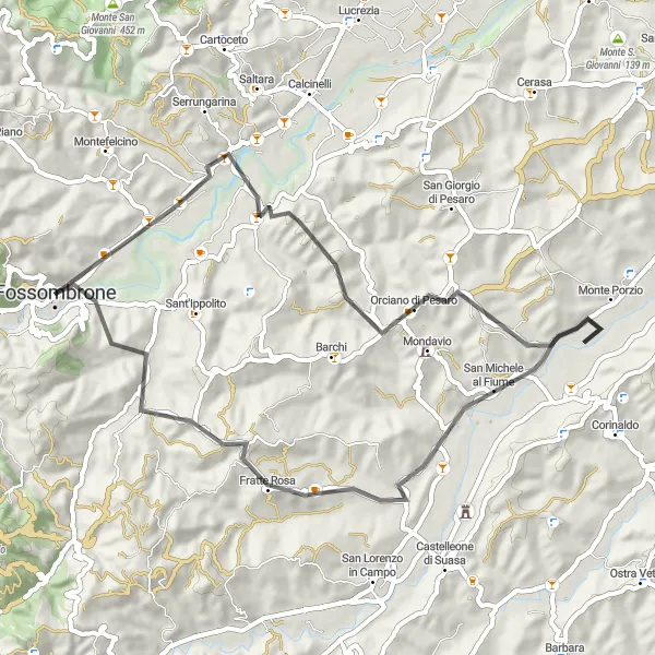 Map miniature of "Road Cycling Adventure to Orciano di Pesaro and Fratte Rosa" cycling inspiration in Marche, Italy. Generated by Tarmacs.app cycling route planner