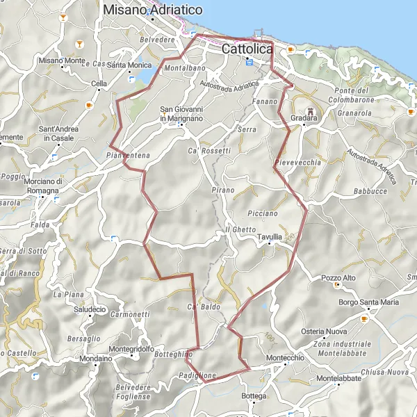 Miniatuurkaart van de fietsinspiratie "Gravelroute door Gradara en Cattolica" in Marche, Italy. Gemaakt door de Tarmacs.app fietsrouteplanner