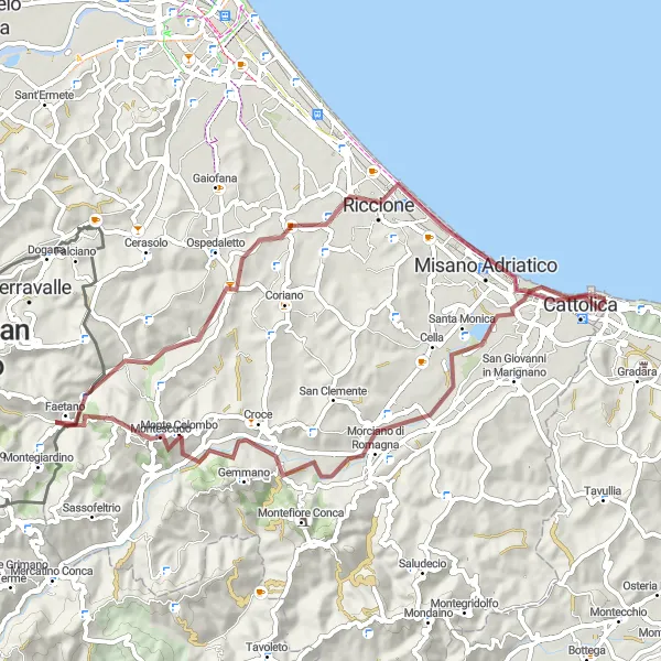 Miniatura della mappa di ispirazione al ciclismo "Periplo collinare di Riccione" nella regione di Marche, Italy. Generata da Tarmacs.app, pianificatore di rotte ciclistiche