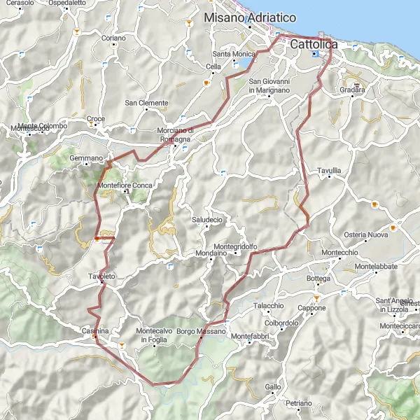 Miniature de la carte de l'inspiration cycliste "Aventure dans les collines de Tavoleto" dans la Marche, Italy. Générée par le planificateur d'itinéraire cycliste Tarmacs.app