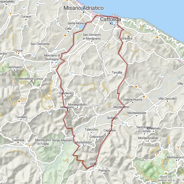 Miniatura della mappa di ispirazione al ciclismo "Gradara - Cattolica Gravel Tour" nella regione di Marche, Italy. Generata da Tarmacs.app, pianificatore di rotte ciclistiche