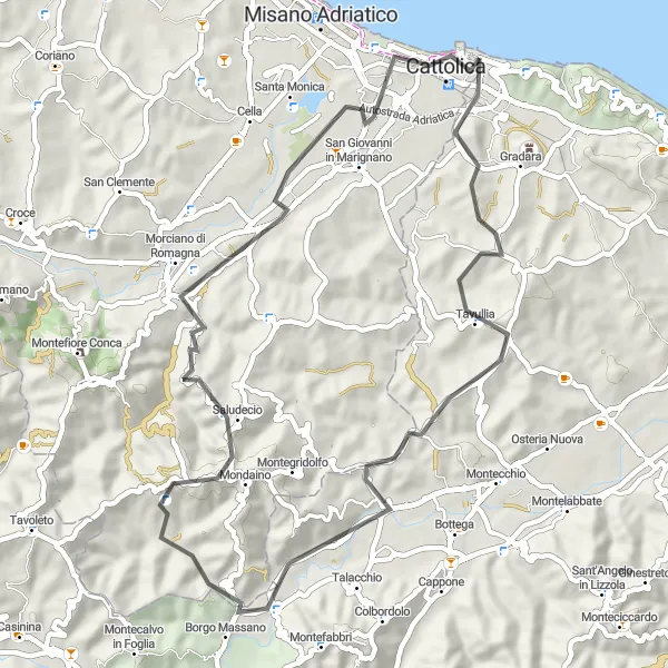 Miniatura della mappa di ispirazione al ciclismo "Gabicce Mare - Cattolica Road Cycling Tour" nella regione di Marche, Italy. Generata da Tarmacs.app, pianificatore di rotte ciclistiche