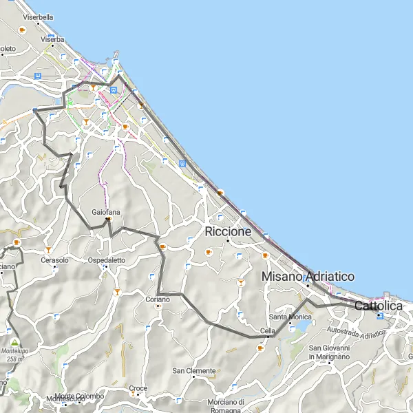 Miniatura mapy "Trasa Szosowa do Rimini" - trasy rowerowej w Marche, Italy. Wygenerowane przez planer tras rowerowych Tarmacs.app