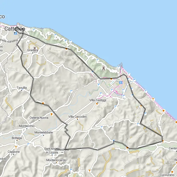 Miniatura della mappa di ispirazione al ciclismo "Fiorenzuola di Focara - Cattolica Road Cycling Experience" nella regione di Marche, Italy. Generata da Tarmacs.app, pianificatore di rotte ciclistiche