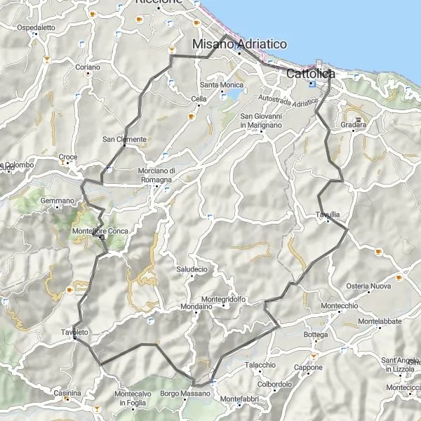 Miniatura della mappa di ispirazione al ciclismo "Tavullia - Cattolica Road Cycling Adventure" nella regione di Marche, Italy. Generata da Tarmacs.app, pianificatore di rotte ciclistiche