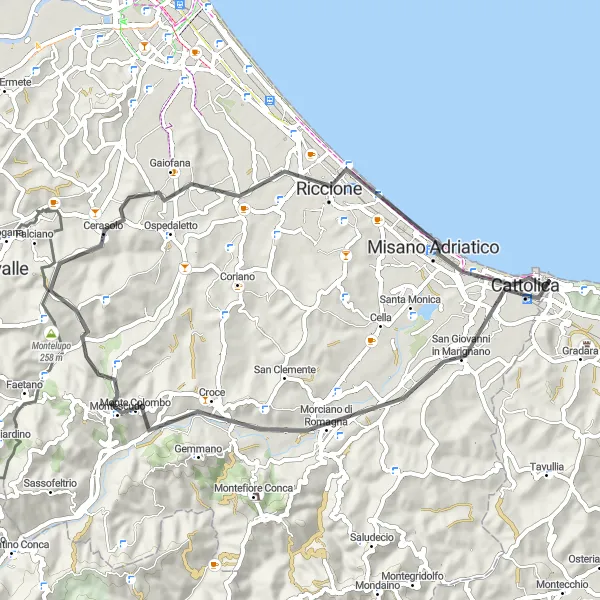 Map miniature of "The Romagna Road Challenge" cycling inspiration in Marche, Italy. Generated by Tarmacs.app cycling route planner