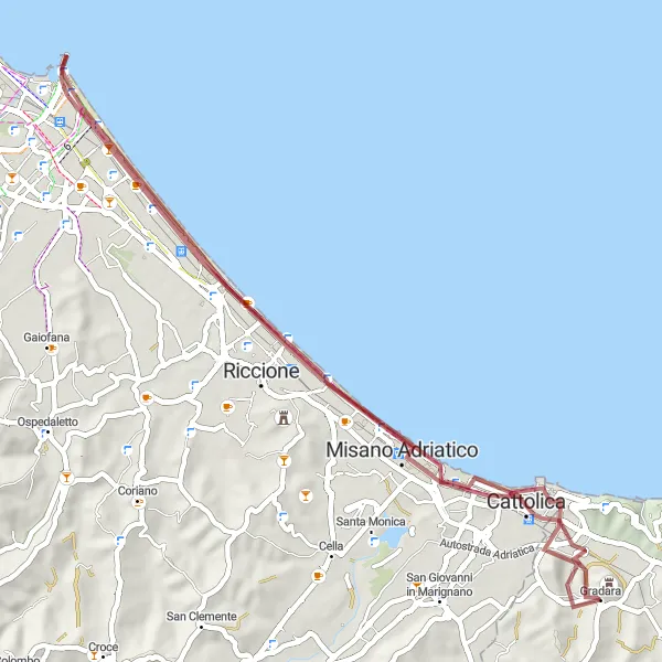 Map miniature of "Coastal Gravel Ride" cycling inspiration in Marche, Italy. Generated by Tarmacs.app cycling route planner