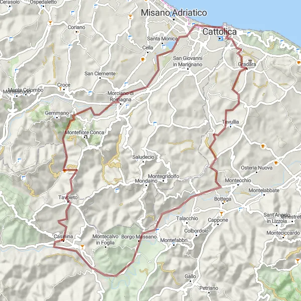 Miniatura della mappa di ispirazione al ciclismo "Tour tra Tavullia e Cattolica" nella regione di Marche, Italy. Generata da Tarmacs.app, pianificatore di rotte ciclistiche