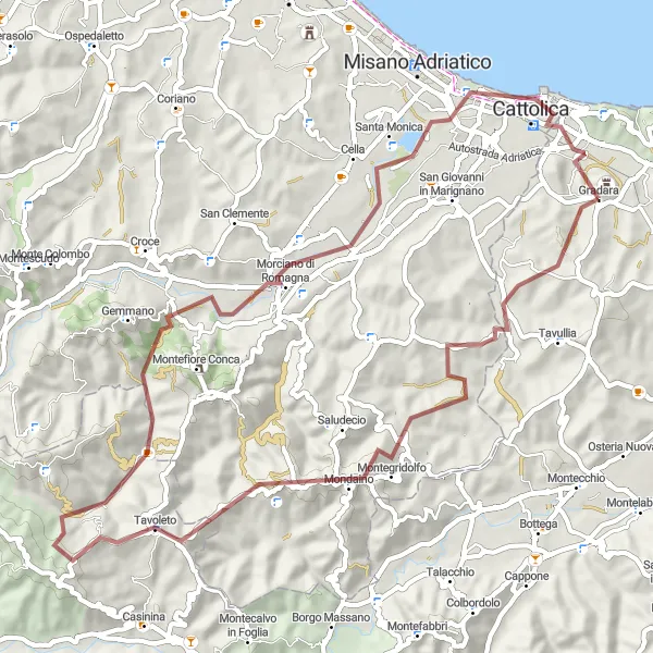 Miniatura della mappa di ispirazione al ciclismo "Strada di Ghiaia attraverso Mondaino e Gabicce Mare" nella regione di Marche, Italy. Generata da Tarmacs.app, pianificatore di rotte ciclistiche