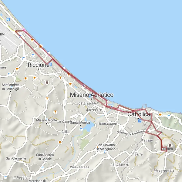 Miniatuurkaart van de fietsinspiratie "Kust Gravel Route van Gradara naar Gabicce Mare" in Marche, Italy. Gemaakt door de Tarmacs.app fietsrouteplanner