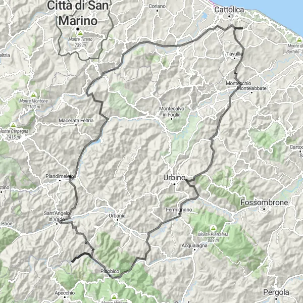 Map miniature of "The Castles and Hills Tour" cycling inspiration in Marche, Italy. Generated by Tarmacs.app cycling route planner