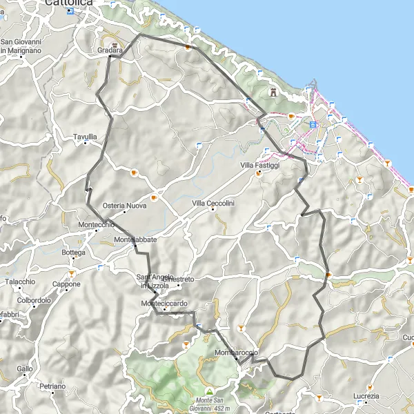 Miniatura della mappa di ispirazione al ciclismo "Giro in bicicletta panoramico tra Gradara e Castello di Gradara" nella regione di Marche, Italy. Generata da Tarmacs.app, pianificatore di rotte ciclistiche