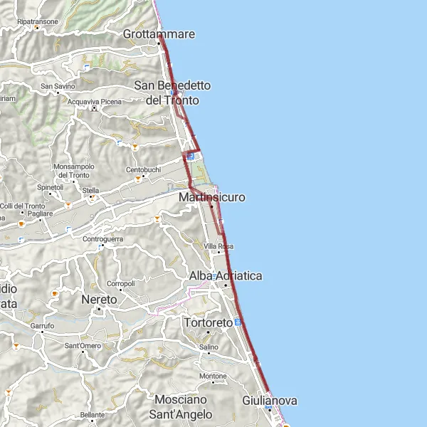 Map miniature of "Coastal Cruise" cycling inspiration in Marche, Italy. Generated by Tarmacs.app cycling route planner