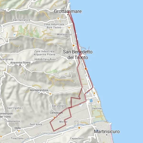 Miniature de la carte de l'inspiration cycliste "La Boucle de la Riviera" dans la Marche, Italy. Générée par le planificateur d'itinéraire cycliste Tarmacs.app
