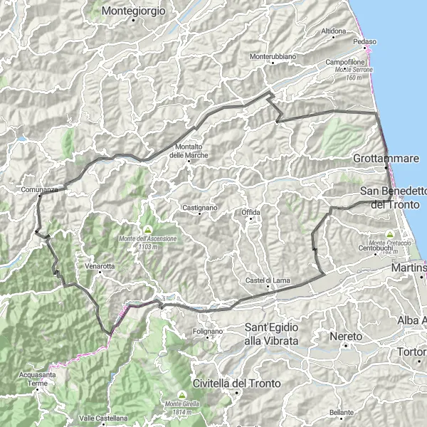 Miniature de la carte de l'inspiration cycliste "Les montagnes de Monte San Martino et Comunanza" dans la Marche, Italy. Générée par le planificateur d'itinéraire cycliste Tarmacs.app