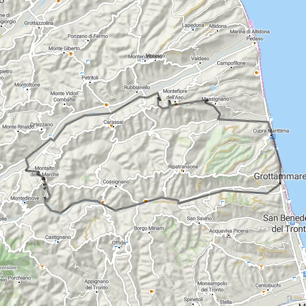 Miniature de la carte de l'inspiration cycliste "Les collines de Montalto delle Marche et Rubbianello" dans la Marche, Italy. Générée par le planificateur d'itinéraire cycliste Tarmacs.app