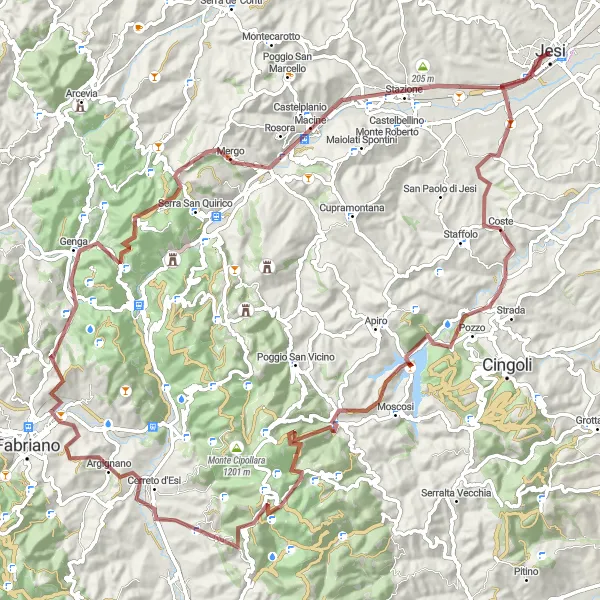 Map miniature of "Gravel Cycling Route: Jesi to Castelplanio" cycling inspiration in Marche, Italy. Generated by Tarmacs.app cycling route planner