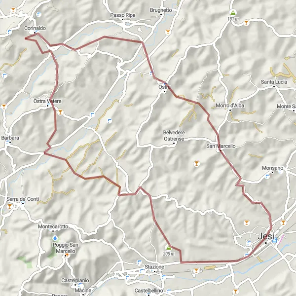 Miniatura della mappa di ispirazione al ciclismo "Itinerario gravel da Jesi a Corinaldo" nella regione di Marche, Italy. Generata da Tarmacs.app, pianificatore di rotte ciclistiche